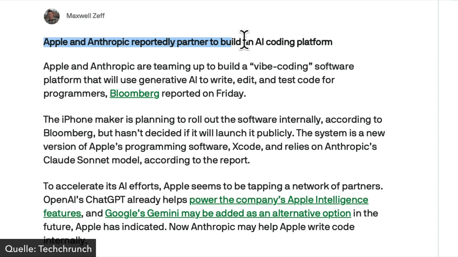 Apple arbeitet mit Anthropic an KI-Lösung für Xcode