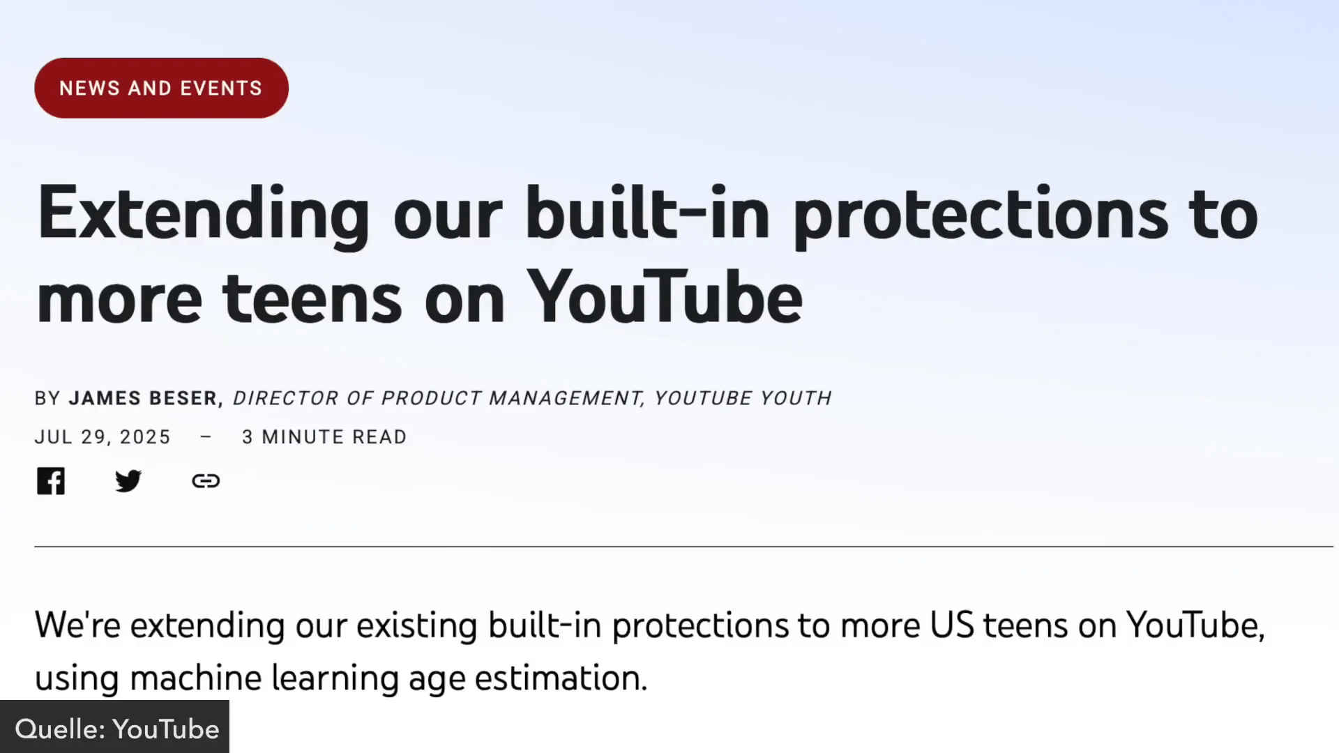 YouTube Schutzmaßnahmen für Jugendliche via KI